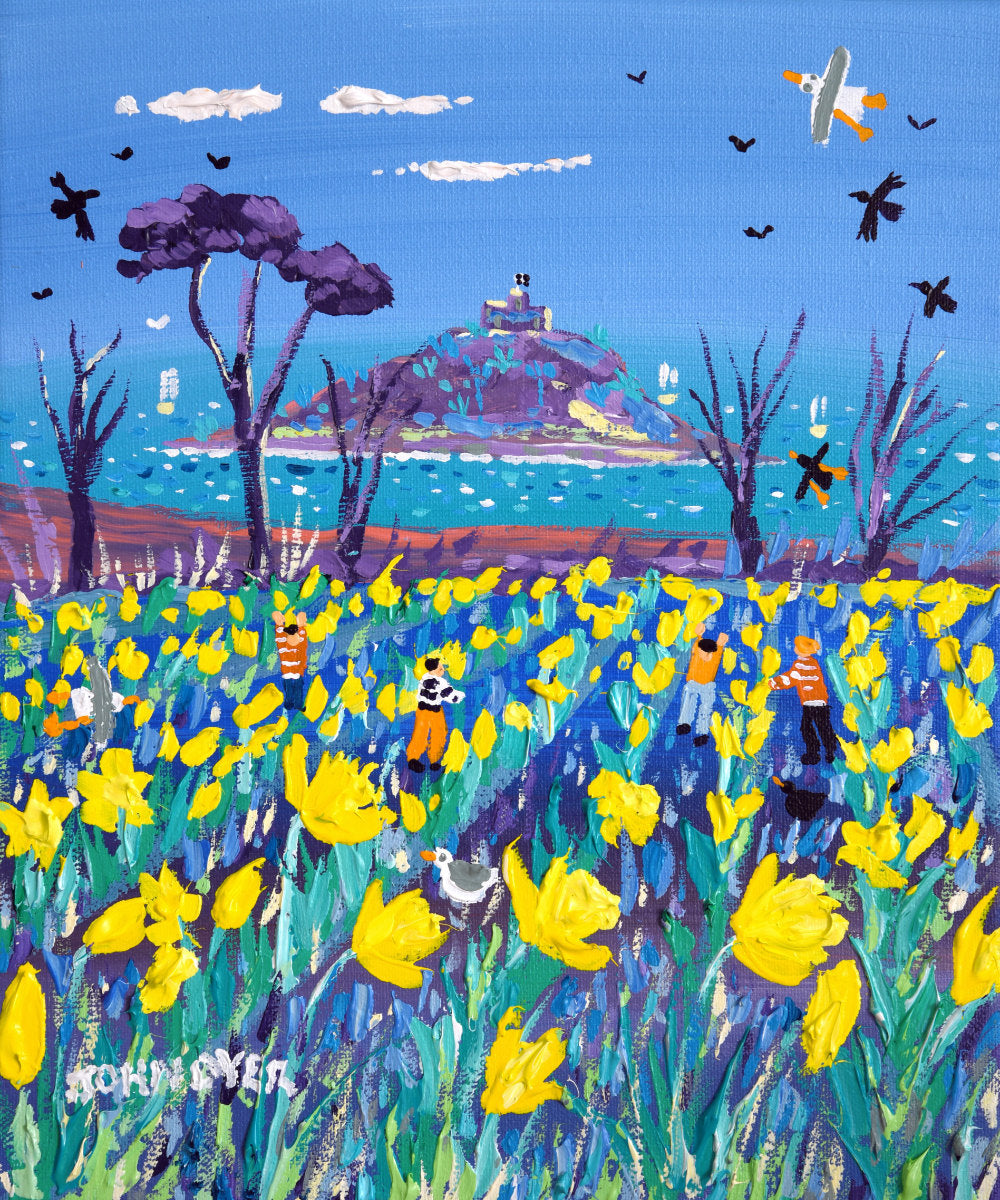 'Cornish Spring Daffodils, St Michael's Mount', 12x10 inches acrylic on canvas. Painting of Cornwall by Cornish Artist John Dyer