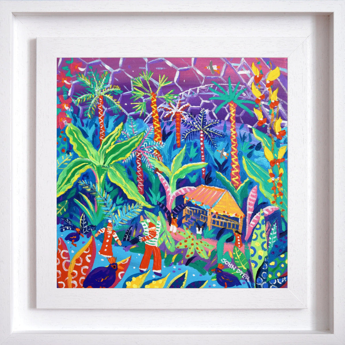 'Tropical Christmas Adventure, Eden Project'. 12 x 12 inches acrylic on canvas. Painting of the Eden Project by John Dyer