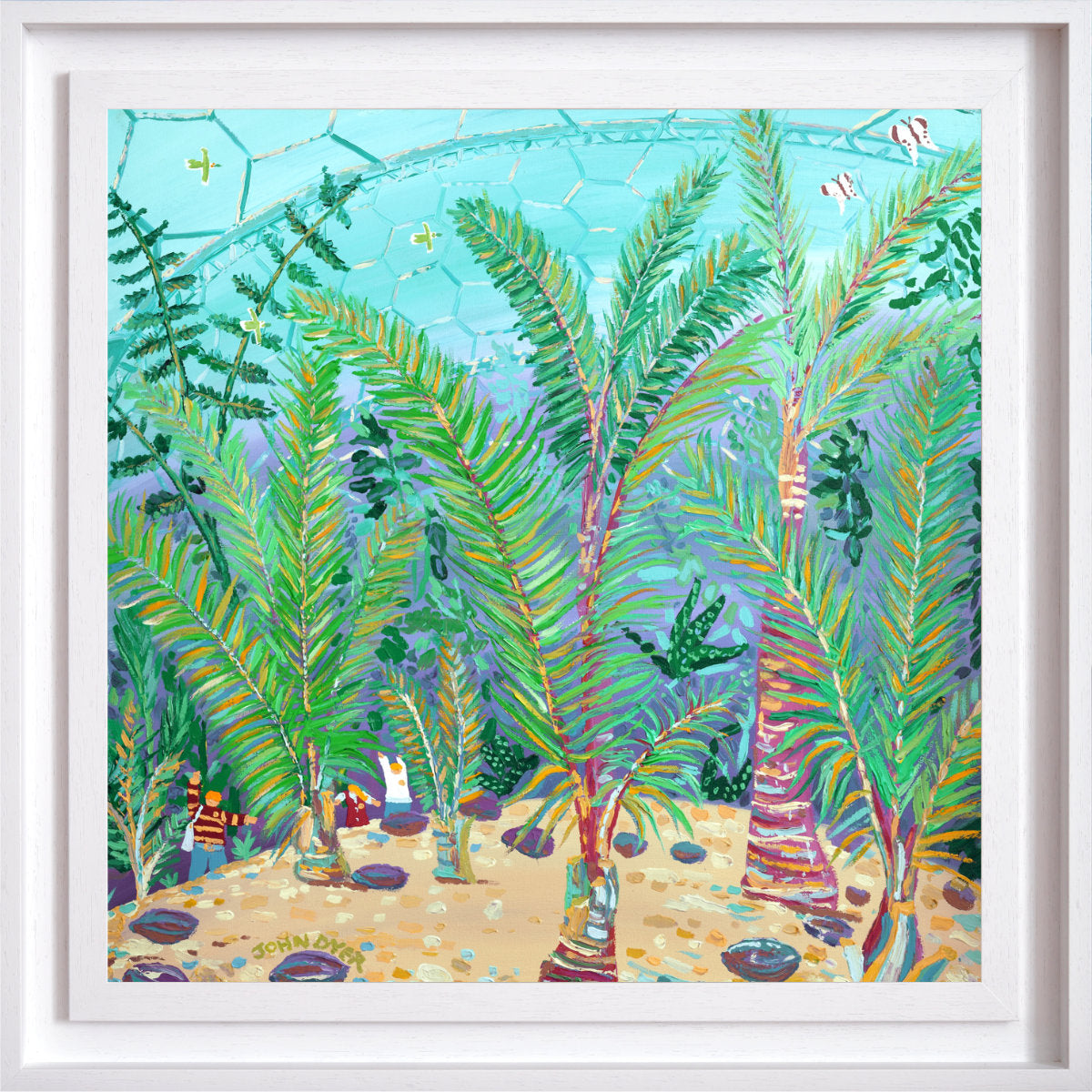 Colorful painting of palm trees and a beach scene. Original Garden Painting by John Dyer. 'Palm Beach at the Eden Project'. Cornwall Art Gallery