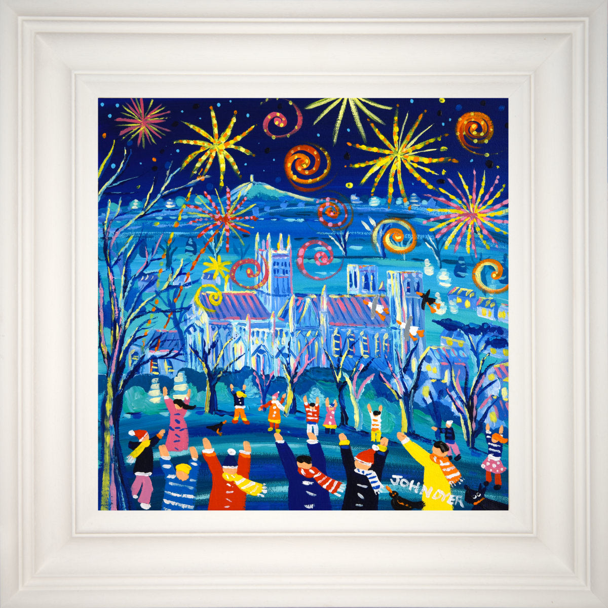 &#39;Firework Fun, Wells&#39;, 12x12 inches acrylic on canvas. Wells Painting by British Artist John Dyer. Somerset Art Gallery