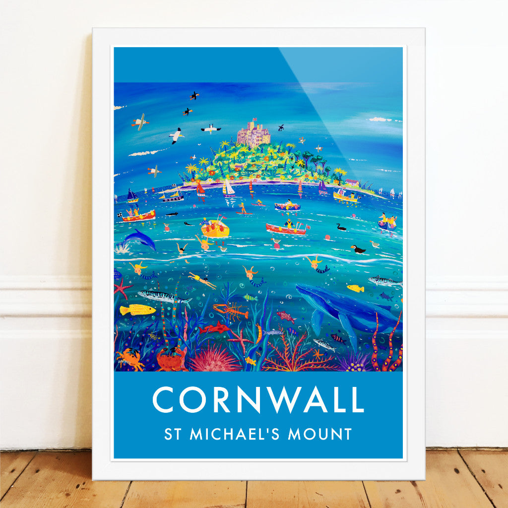 Vintage Style Coastal Seaside Travel Poster Art Prints by Cornish Artist John Dyer. Underwater Wonders, St Michael's Mount Whale, Cornwall