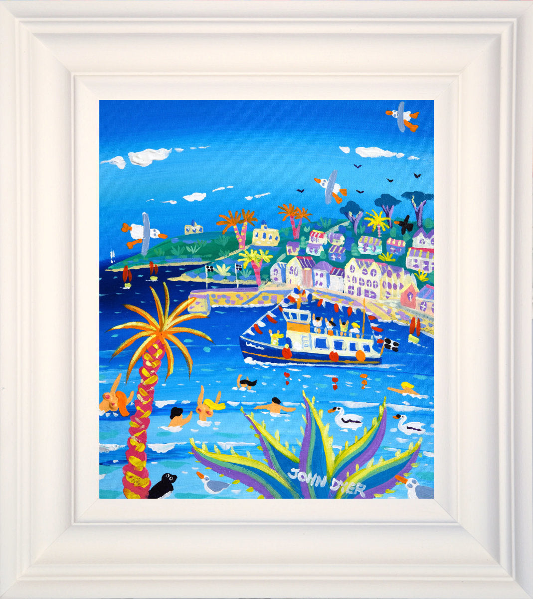 'Bunting and Bathing, St Mawes', 12x10 inches acrylic on canvas. Paintings of Cornwall. Cornish Artist John Dyer. Cornwall Art Gallery