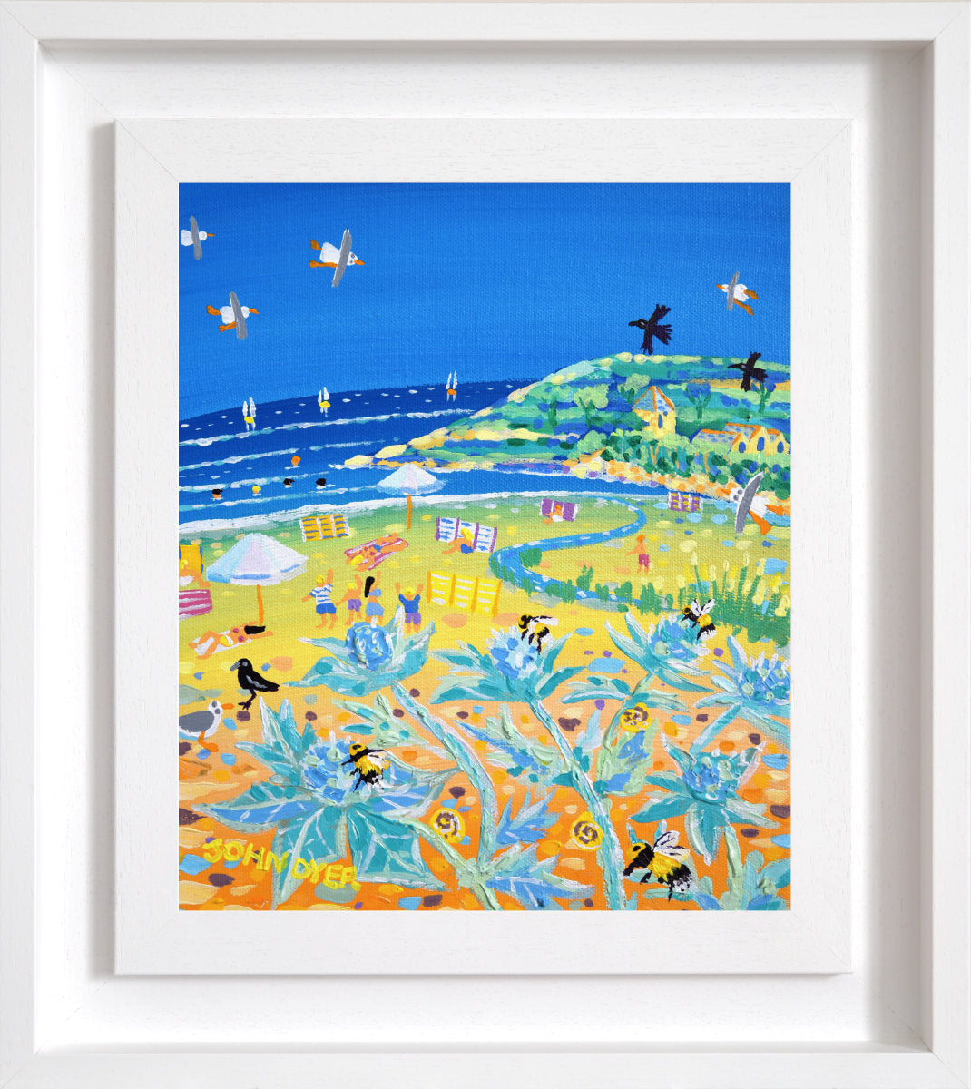 'Sea Holly and Honeybees, Gunwalloe Church Cove', 12x10 inches acrylic on canvas. Painting of Cornwall by Cornish Artist John Dyer