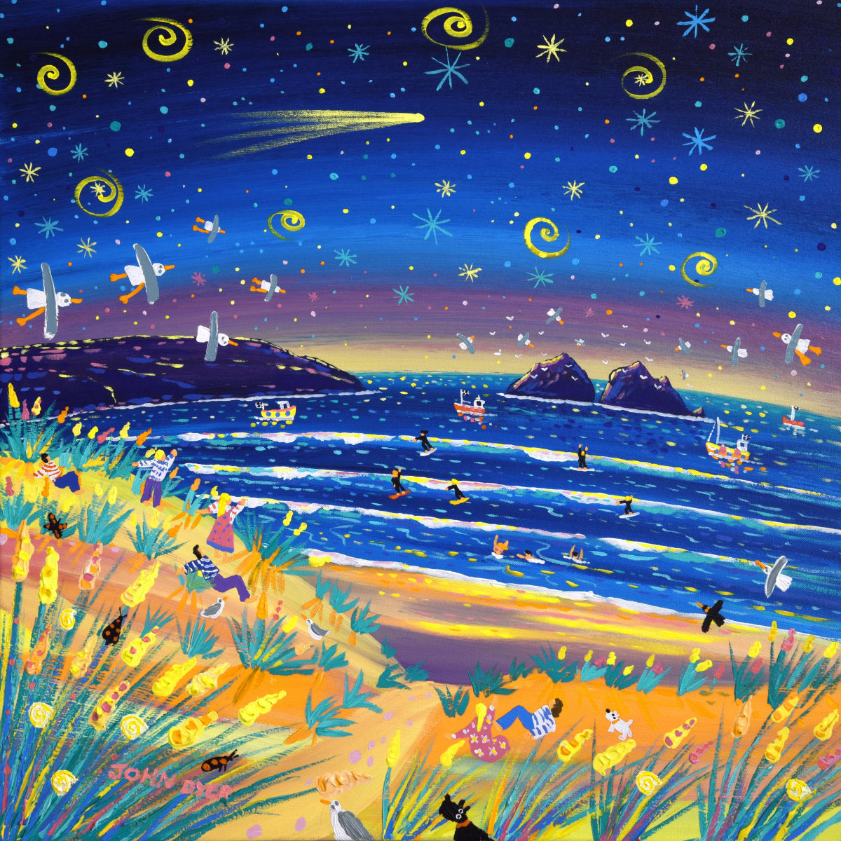 &#39;Celestial Night, Holywell Bay&#39;, 24x24 inches acrylic on canvas. Cornwall Painting by Cornish Artist John Dyer