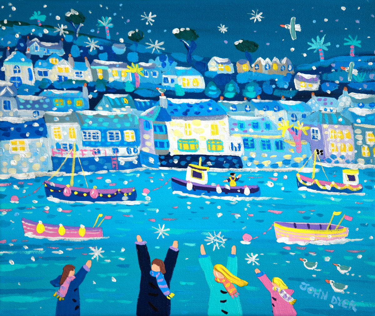 &#39;Catching Snowflakes, Polperro&#39;, 10x12 inches acrylic on canvas. Coastal Painting of Cornwall. Cornish Artist John Dyer. Cornwall Art Gallery