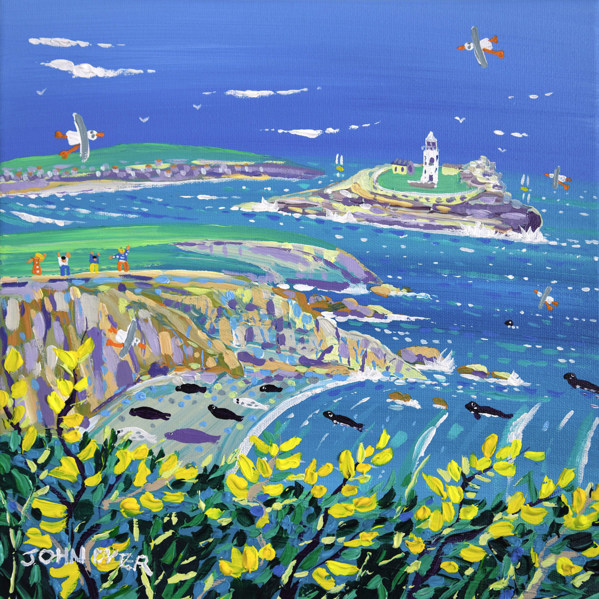 'Golden Gorse and Cornish Seals, Godrevy Lighthouse', 12x12 inches acrylic on canvas. Original Painting by Cornish Artist John Dyer.