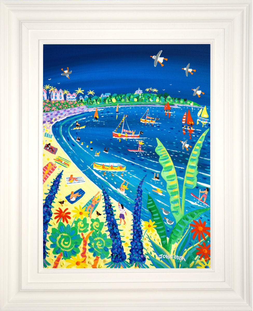 'Sailing and Sunbathing at Gyllyngvase Beach, Falmouth', 24x18 inches acrylic on canvas. Cornish Coastal Painting by British Artist John Dyer