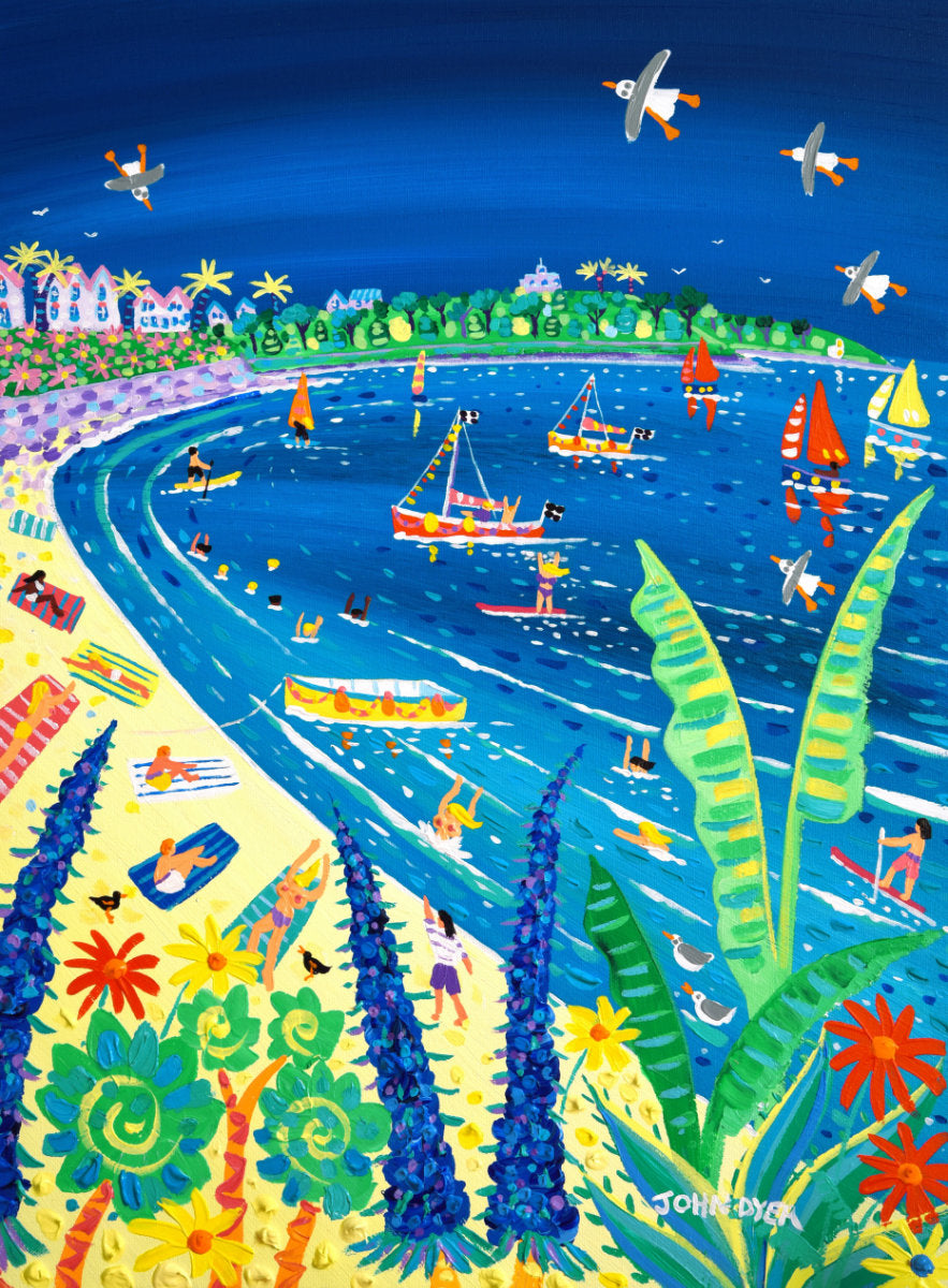 'Sailing and Sunbathing at Gyllyngvase Beach, Falmouth', 24x18 inches acrylic on canvas. Cornish Coastal Painting by British Artist John Dyer