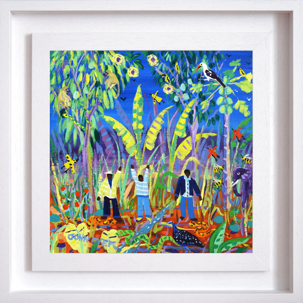 African Painting, 'Harvesting in Harmony with Wildlife, Meru, Kenya', 12x12 inches acrylic on canvas. Paintings of Africa by British Artist John Dyer. John Dyer