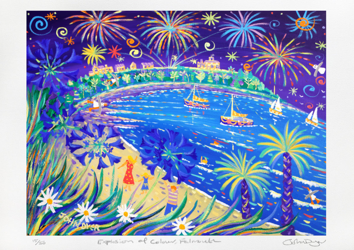 Signed Limited Edition Print by Cornish Artist John Dyer. 'Explosion of Colour, Falmouth'. Falmouth Week Fireworks, Cornwall.