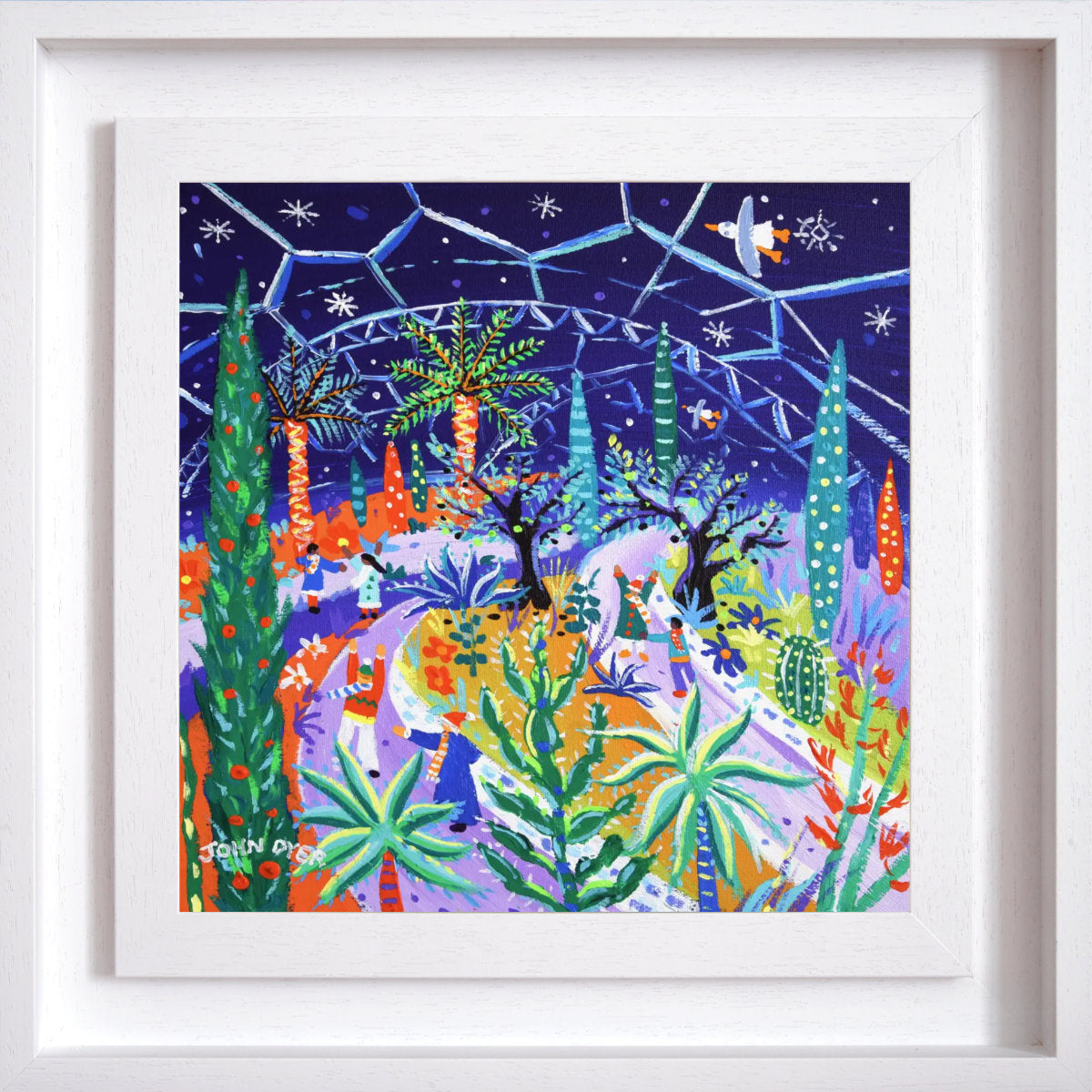 'Mediterranean Festive Fun, Eden Project'. 12 x 12 inches acrylic on canvas. Painting of the Eden Project by John Dyer