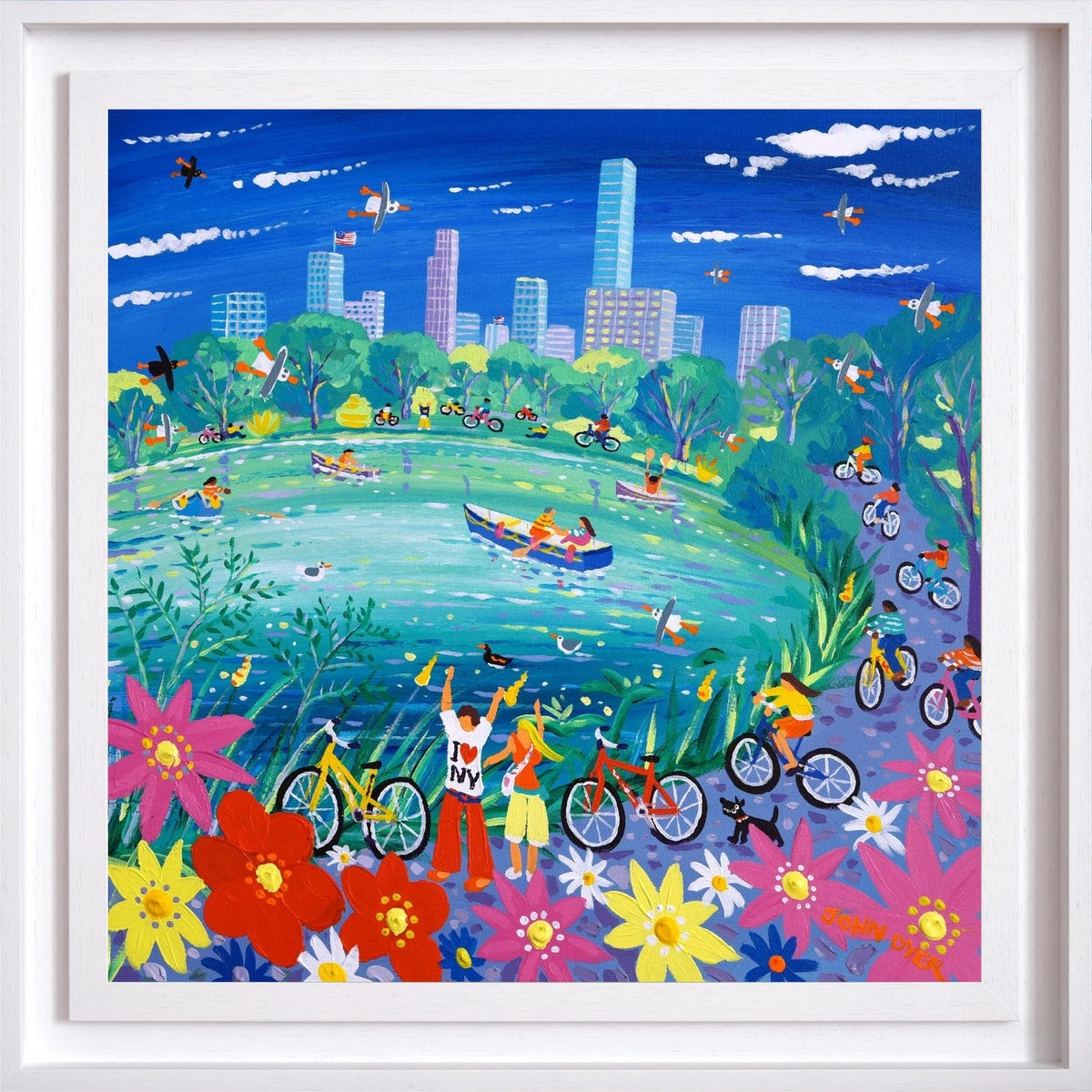 'Cycling around Central Park, New York', 24x24 inches acrylic on canvas. Paintings of America by British Artist John Dyer. American Art Gallery John Dyer