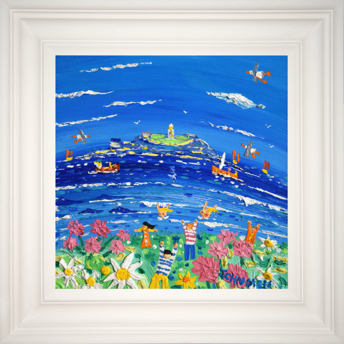 'Springtime Skinny Dipping, Godrevy', 12x12 inches oil on canvas. Cornwall Painting by British Artist John Dyer.