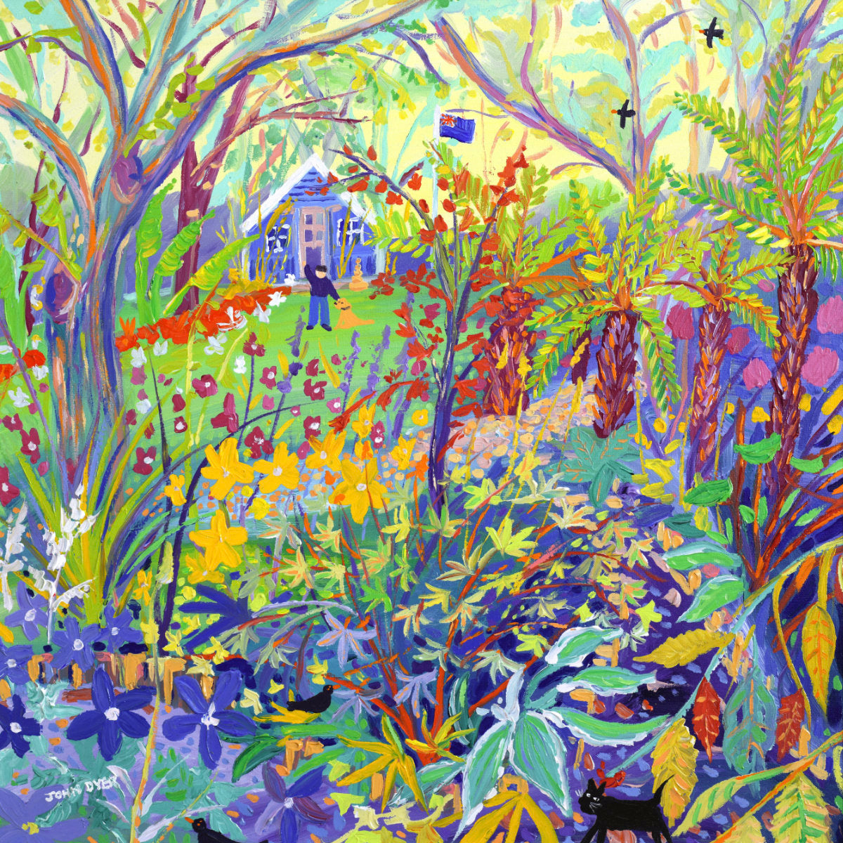 Vibrant, colorful painting of a lush garden scene with dense foliage, flowers, trees, a small house in the background, and black cats in the foreground. Original Painting by John Dyer. 'Alan Titchmarsh and the Tree Ferns, Barleywood.' BBC Gardeners' World Garden. 24x24 inches acrylic on canvas