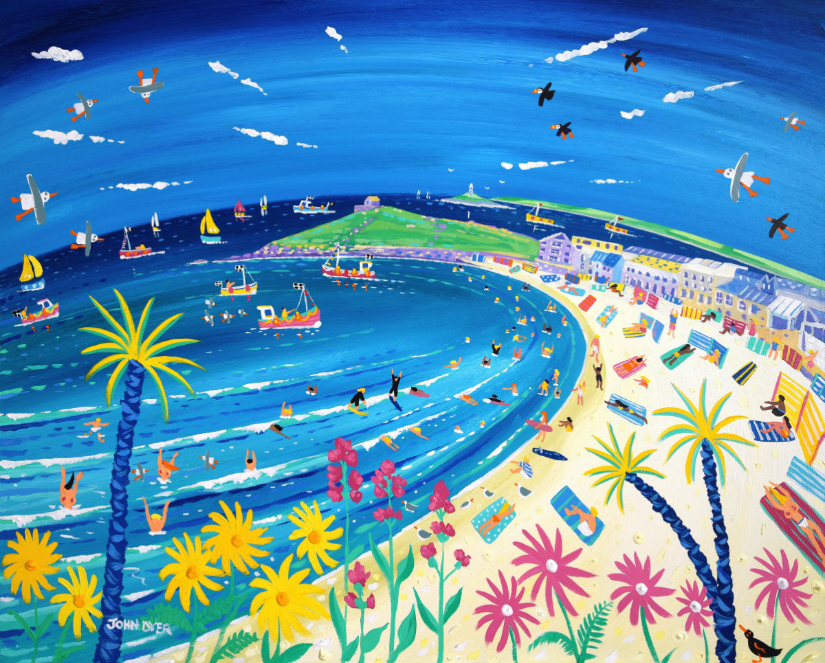 &#39;Tropical Days at Porthmeor Beach, St ives&#39;. 33x40 inches original art acrylic on board. Paintings of Cornwall by Cornish Artist John Dyer. Cornwall Art Gallery