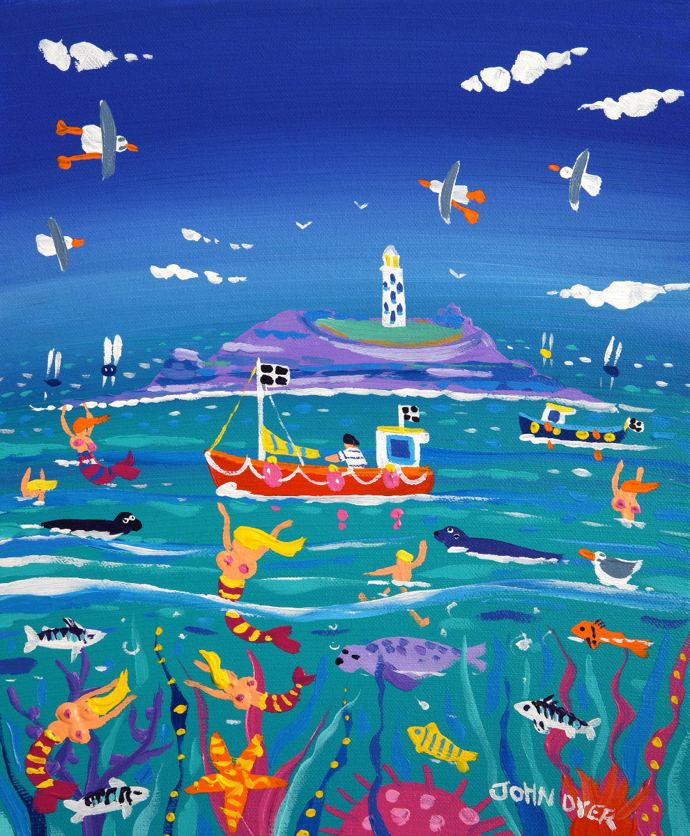 'Seaside Serenade, Godrevy Lighthouse', 12x10 inches acrylic on canvas. Paintings of Cornwall. Cornish Artist John Dyer. Cornwall Art Gallery