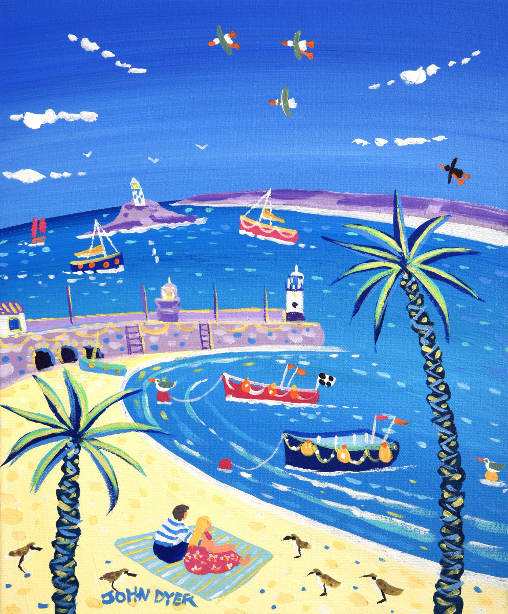 'Sandpiper Picnic, St Ives', 12x10 inches acrylic on canvas. Paintings of Cornwall. Cornish Artist John Dyer. Cornwall Art Gallery