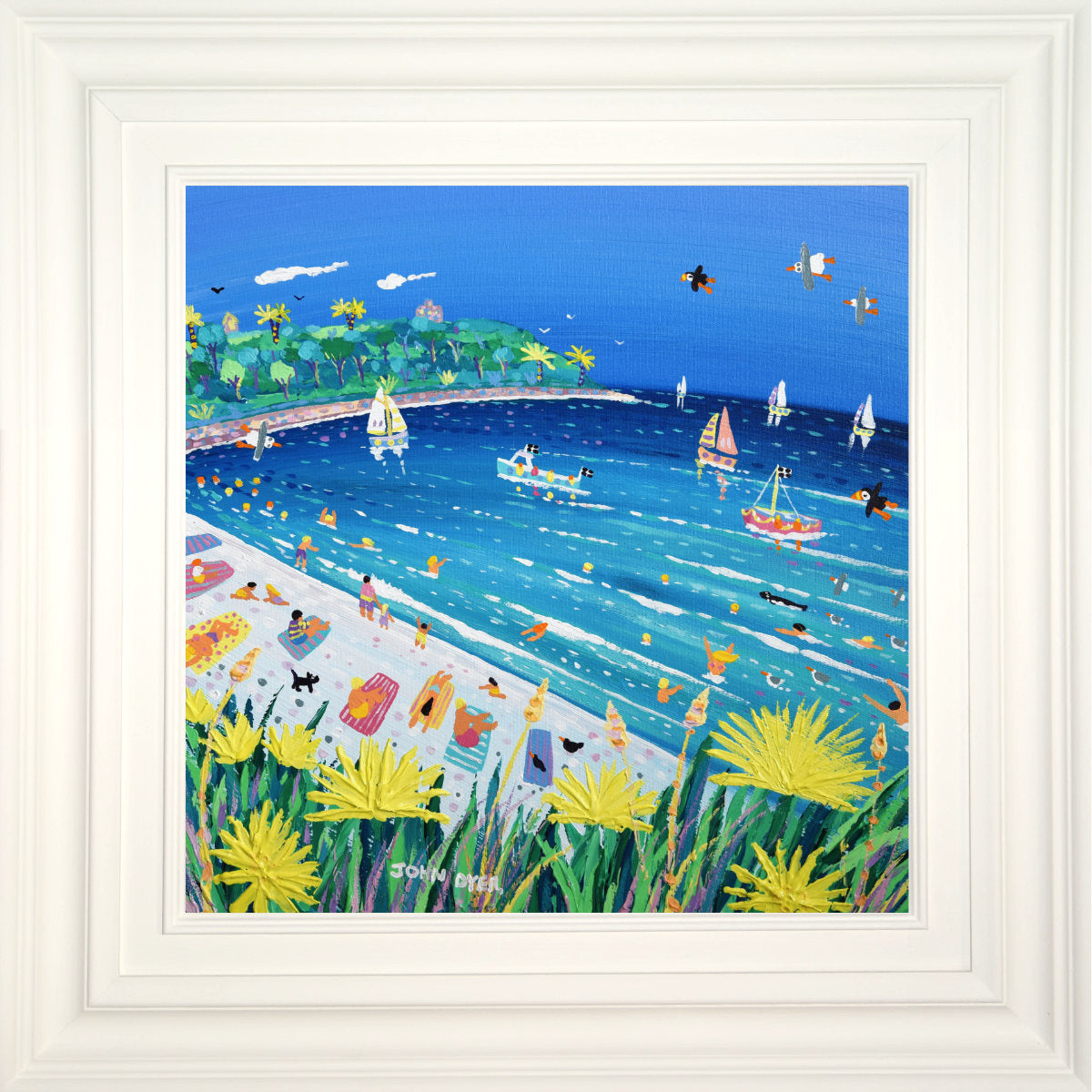 'Boats and Beach Days at Castle Beach, Falmouth', 18x18 inches acrylic on canvas. Cornish Coastal Art Painting by British Artist John Dyer.
