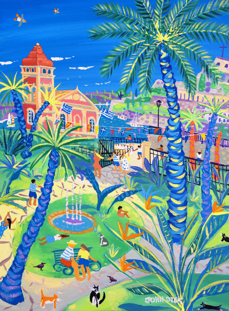 &#39;Cats, Families, and Fun in the Garden of the People, Corfu Town Greece&#39;, 24x18 inches acrylic on canvas. Greek Painting by British Artist John Dyer