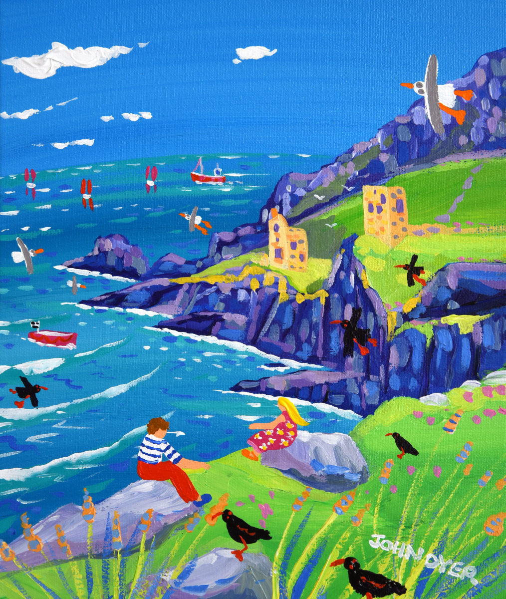 'Watching the Waves, Botallack Tin Mines', 12x10 inches acrylic on canvas. Paintings of Cornwall. Cornish Artist John Dyer. Cornwall Art Gallery