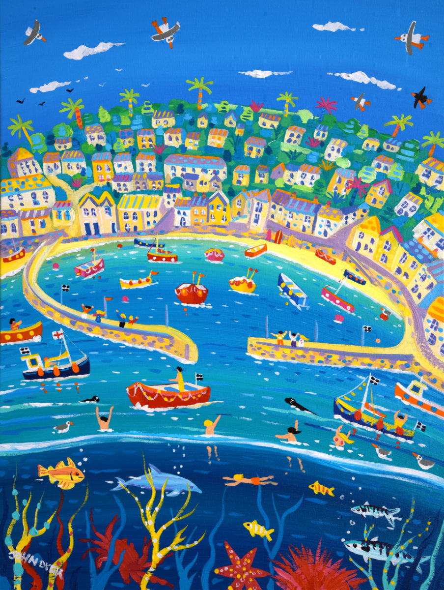 'Exploring the Harbour, Mousehole', 18x24 inches acrylic on canvas. Cornwall Painting by Cornish Artist John Dyer. Cornwall Art Gallery