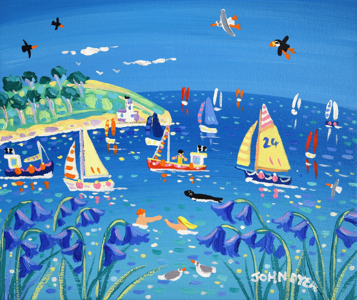 'Bluebell Days, St Anthony Lighthouse', 10x12 inches acrylic on canvas. Coastal Painting of Cornwall. Cornish Artist John Dyer. Cornwall Art Gallery