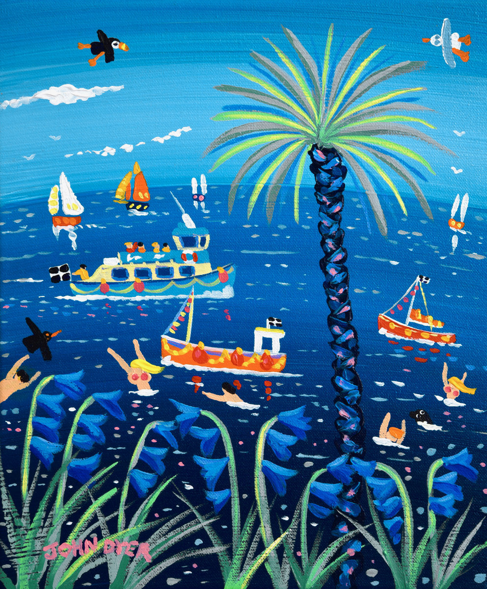 'Bathing Blue Belles, Falmouth', 10x12 inches acrylic on canvas. Coastal Bluebell Painting of Cornwall. Cornish Artist John Dyer.