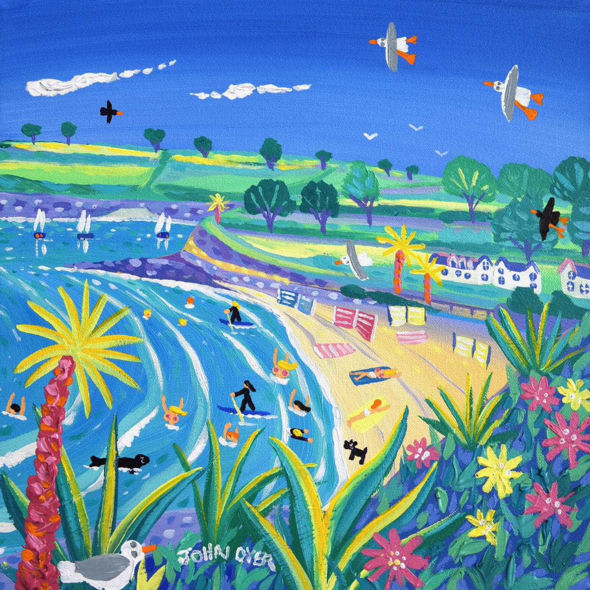 &#39;Fun in the Sun, Gyllyngvase Beach&#39;, 12x12 inches acrylic on canvas. Cornwall Painting by British Artist John Dyer.