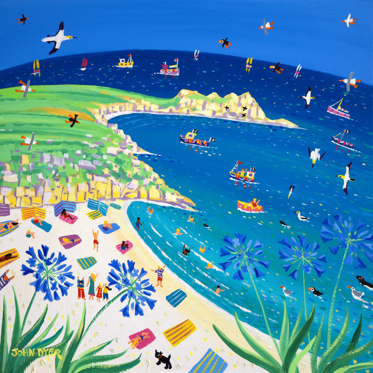 &#39;A Day at the Beach, Porthcurno&#39;, 24x24 inches acrylic on canvas. Cornwall Painting by Cornish Artist John Dyer. Cornish Art from our Cornwall Art Gallery