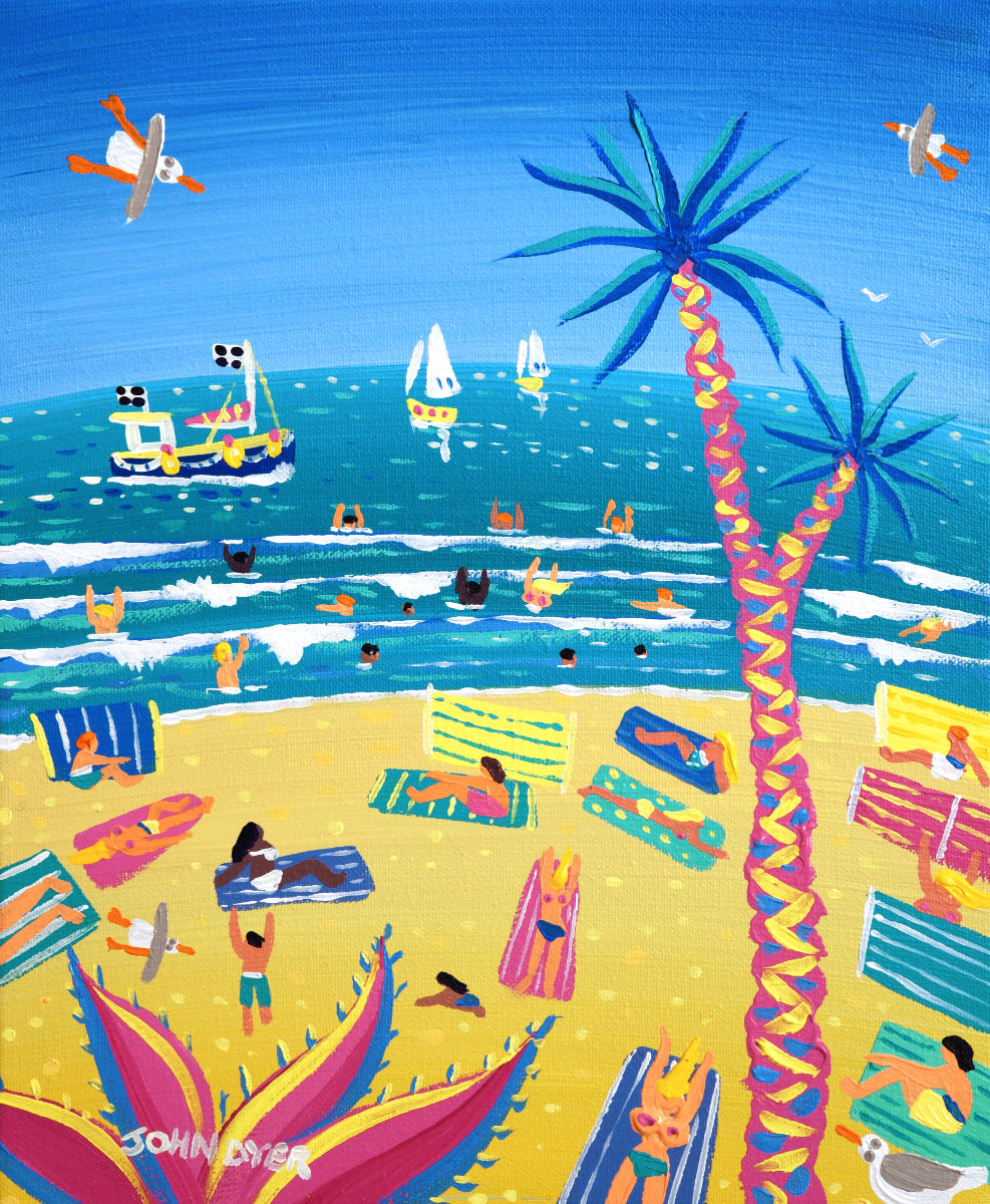 'Beach Babes on Beach Towels, St Ives', 10x12 inches acrylic on canvas. Coastal Painting of Cornwall. Cornish Artist John Dyer. Cornwall Art Gallery