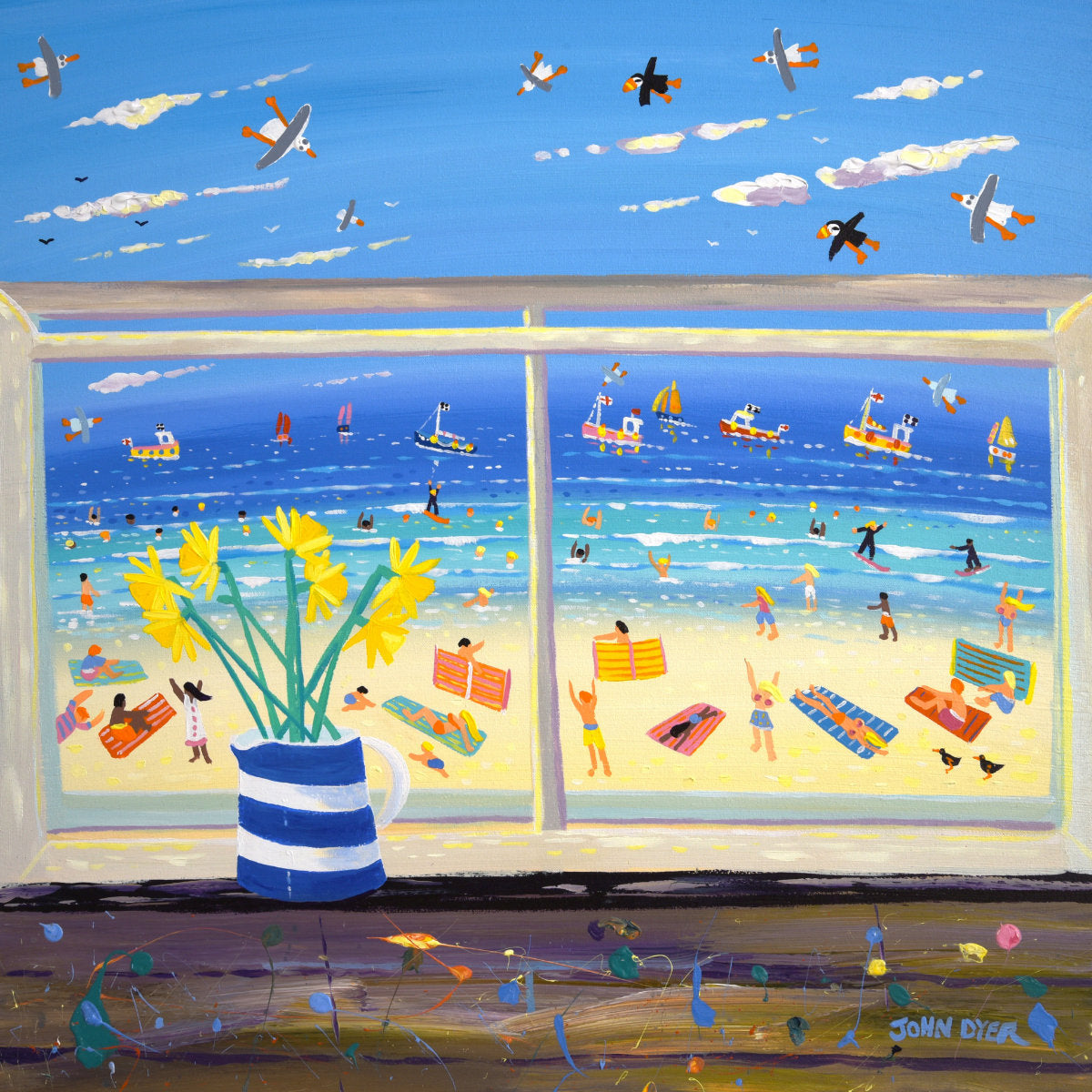 'Beachfront Brushstrokes, Porthmeor Studio View, St Ives', 24x24 inches acrylic on canvas. Cornwall Painting by Cornish Artist John Dyer. Cornish Art from our Cornwall Art Gallery