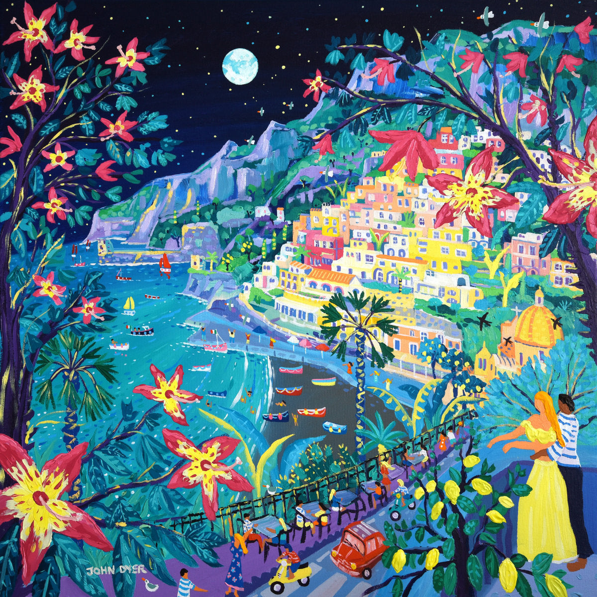 &#39;Love under an Italian Full Moon, Positano, Italy&#39;, 30 x 30 inches acrylic on canvas. Italian, Amalfi Coast painting by Cornish Artist John Dyer