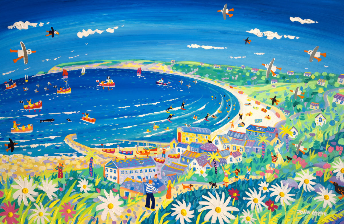 'Cornish Summer, Sennen Cove', 24x36 inches acrylic on board. Cornwall Art Gallery Painting by Cornish Artist John Dyer