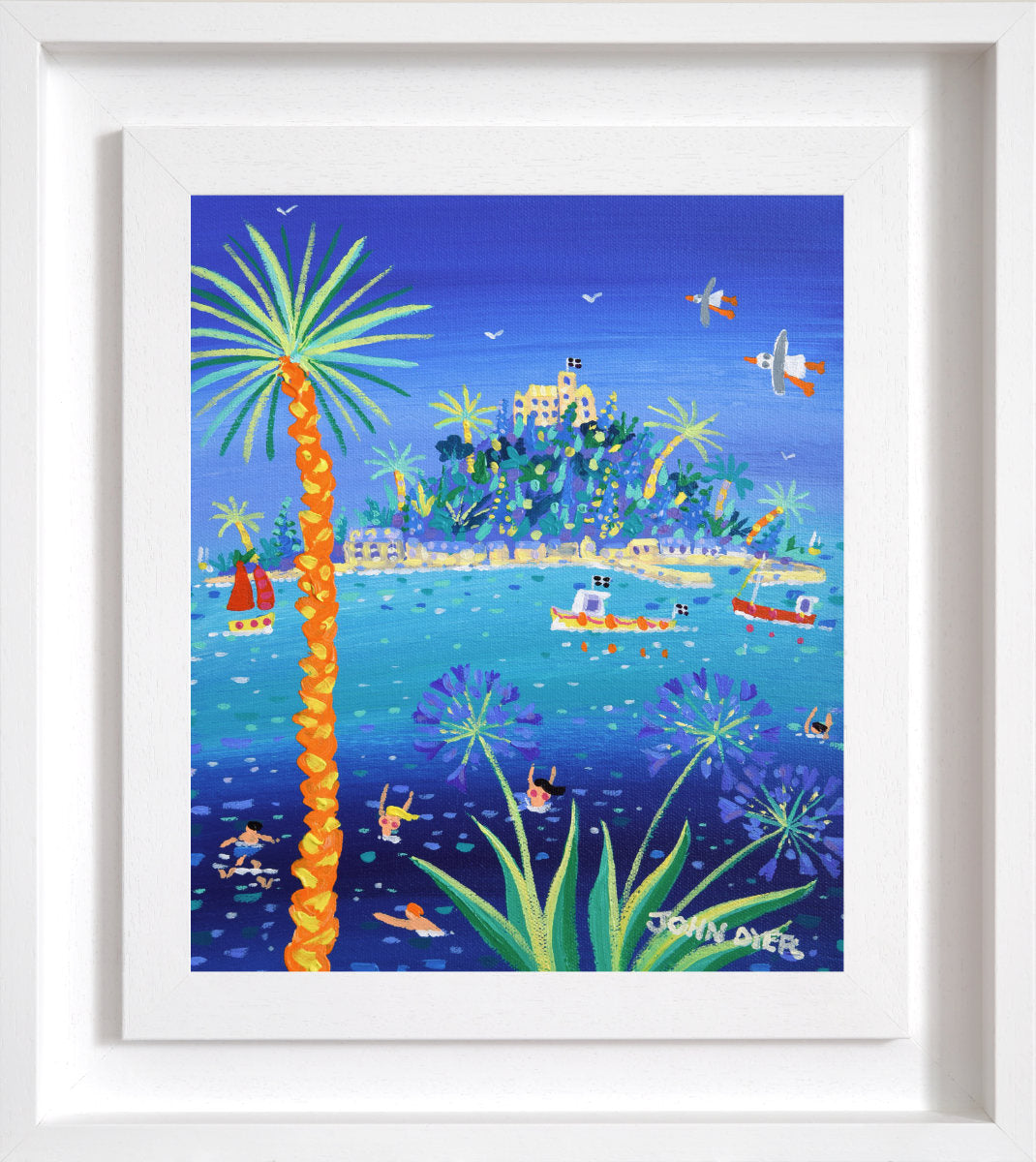 'Sea Bathers at St Michael’s Mount', 12x10 inches acrylic on canvas. Painting of Cornwall by Cornish Artist John Dyer