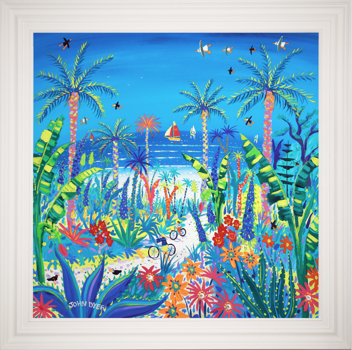 'Cycling through Paradise, Tresco', 100x100 cm acrylic on canvas. Painting of Cornwall by Cornish Artist John Dyer.