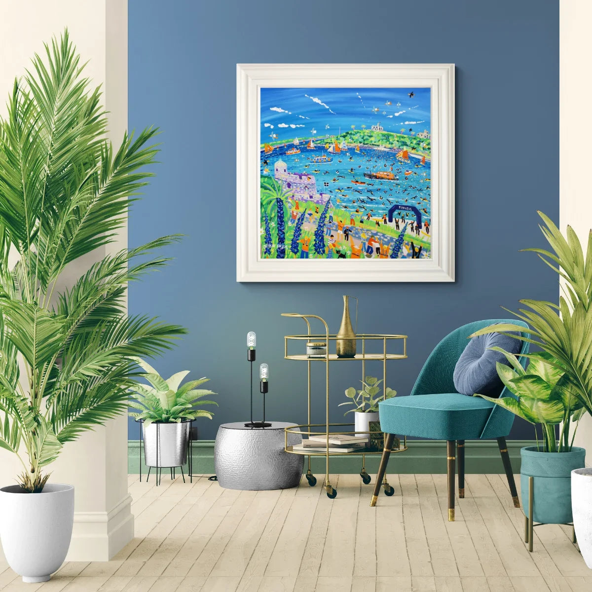 Original acrylic painting by Cornish artist John Dyer showing the Castle to Castle Swim from Falmouth to St Mawes, with swimmers, an RNLI boat, sailing boats, castles, spectators and bright blue Cornish coastal waters.