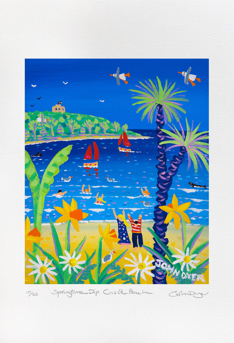 Limited Edition Print by Cornish Artist John Dyer. 'Springtime Dip, Castle Beach, Falmouth'. Cornwall Art Gallery Print.