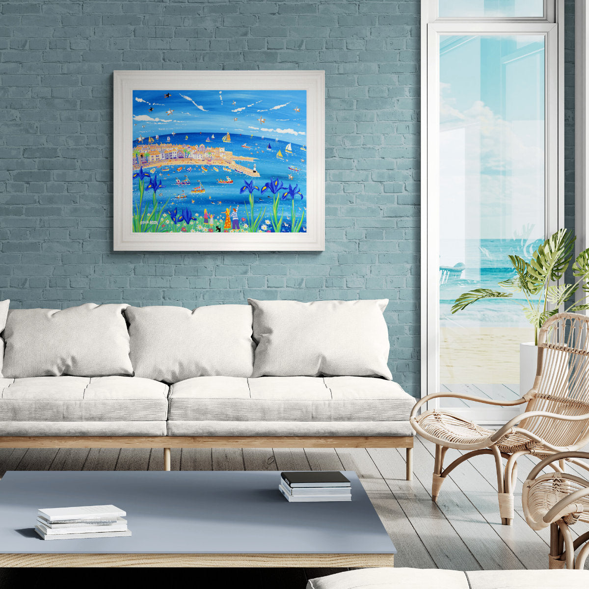 John Dyer Original Cornish Painting, 'St Ives Blue' 33 x 40 inches acrylic on board seen in a coastal beach house room setting