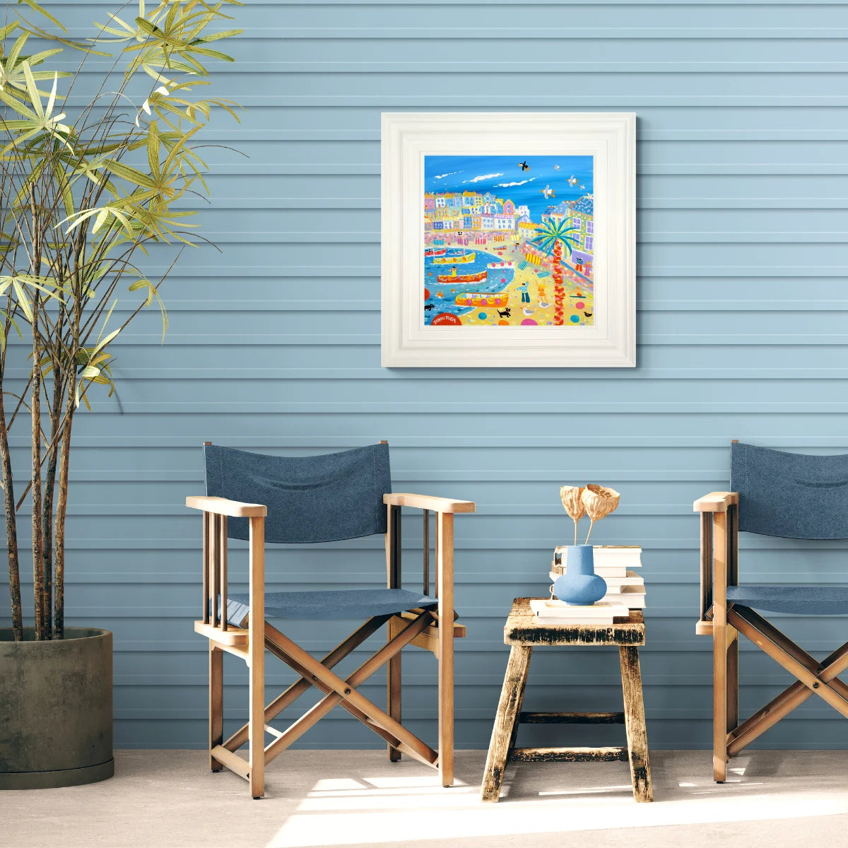 Two director's chairs in a room with a framed artwork on the wall. 'Happy Days in St Ives' by John Dyer, Original Painting, 18 x 18 inches Acrylic on Canvas