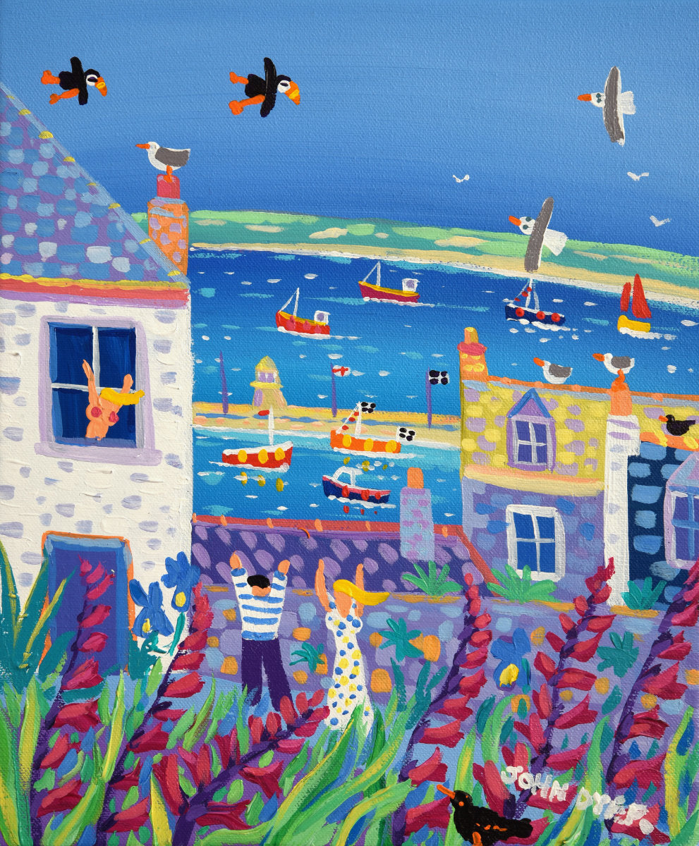 &#39;Blue View, St Ives&#39;, 12x10 inches acrylic on canvas. Paintings of Cornwall. Cornish Artist John Dyer. Cornwall Art Gallery