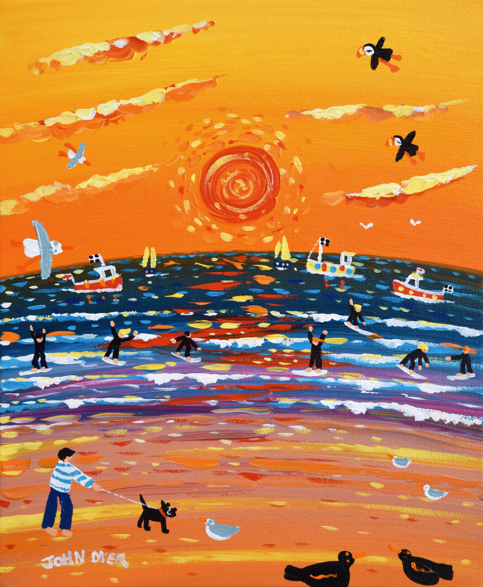 'St Ives Sunset Walkies', 10x12 inches acrylic on canvas. Coastal Painting of Cornwall. Cornish Artist John Dyer. Cornwall Art Gallery