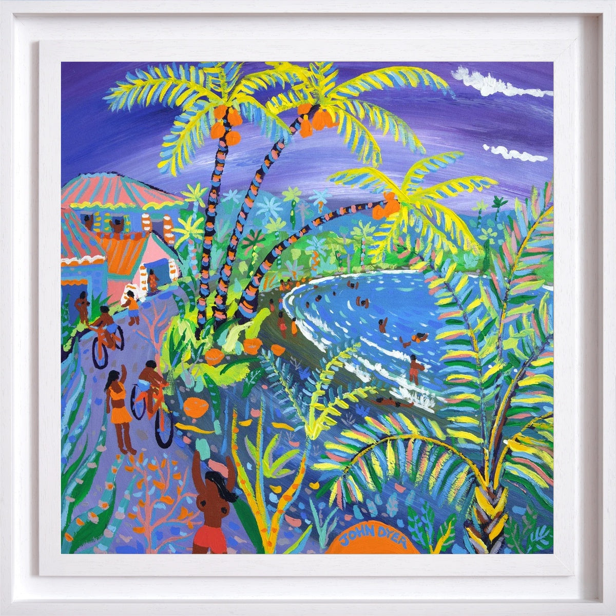 Colorful tropical scene with people, palm trees, and a river in a white frame. John Dyer Original Painting. 'Swaying Caribbean Coconuts, Costa Rica'. 24 x 24 inches Acrylic on Canvas