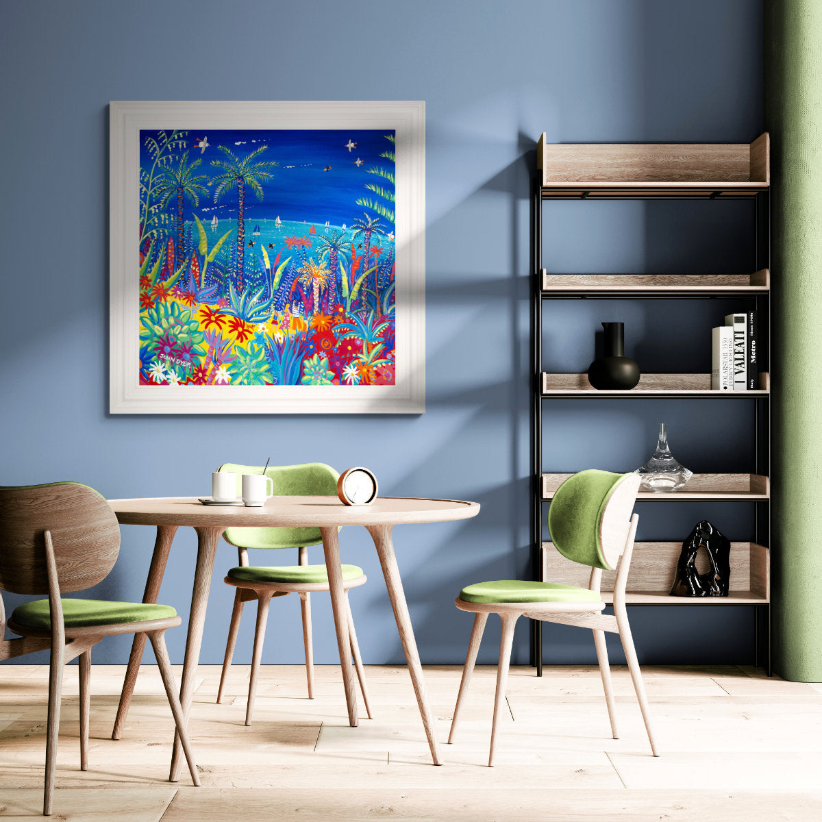 Original Painting by John Dyer. 'Painting the Colours of the World, Tresco.' 100x100cm acrylic on canvas. Dining room setting with coffee table and chairs