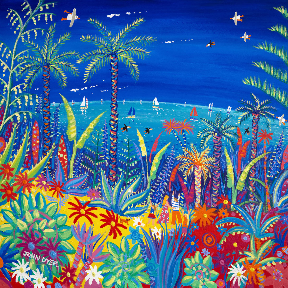 Colorful tropical scene with palm trees, flowers, and a blue sky. Original Painting by John Dyer. 'Painting the Colours of the World, Tresco.' 100x100cm acrylic on canvas