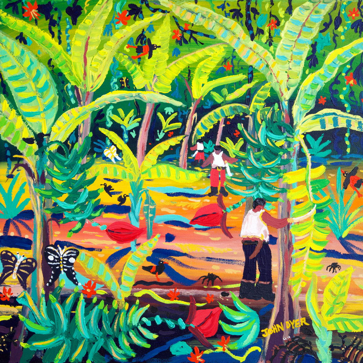 'Jungle Bananas, Costa Rica', 24x24 inches acrylic on canvas. Tropical Costa Rica Painting by British Artist John Dyer