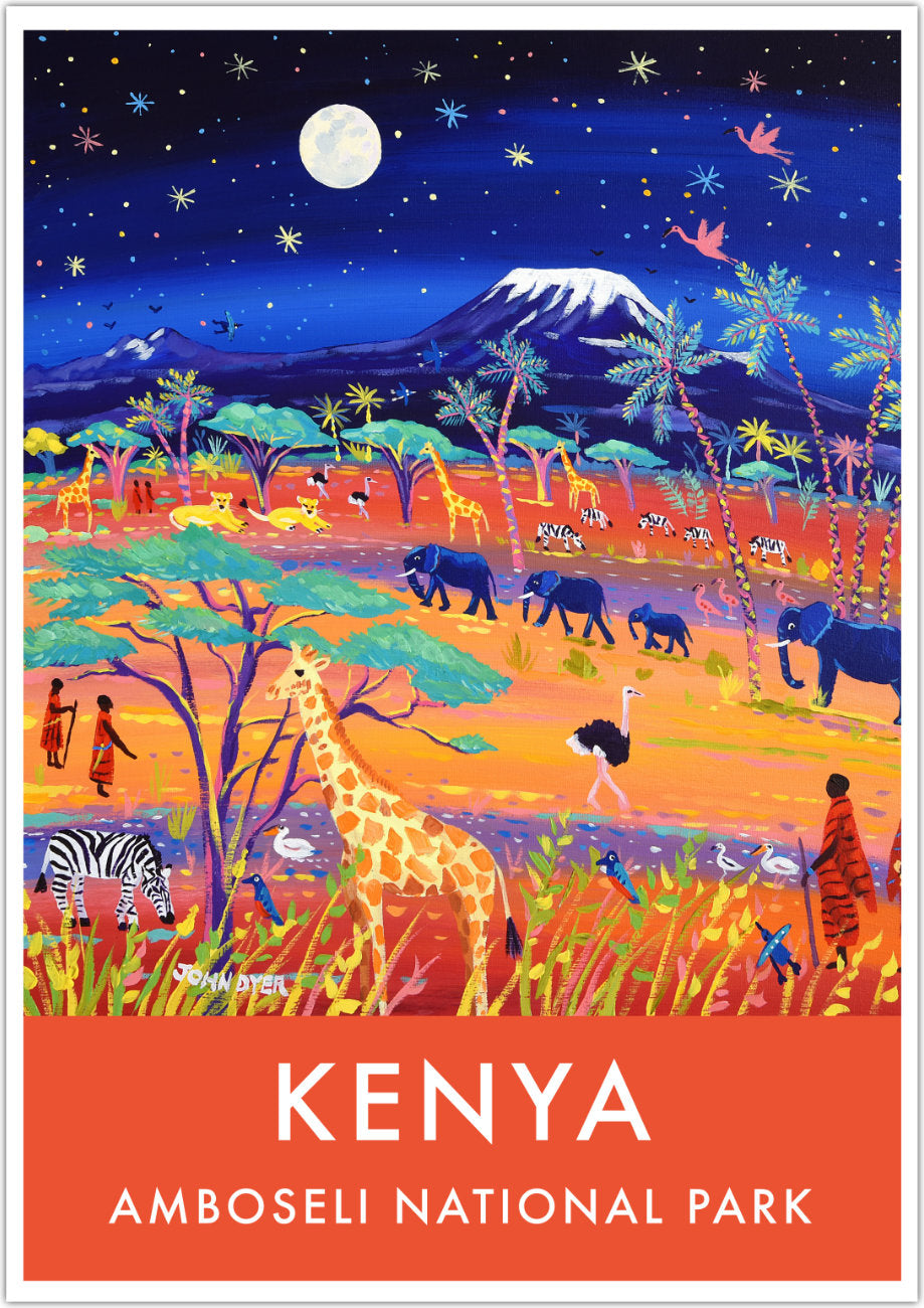 African Art Wall Art Poster Print by John Dyer. Amboseli Giraffe, Maasai, Elephants, Mount Kilimanjaro 