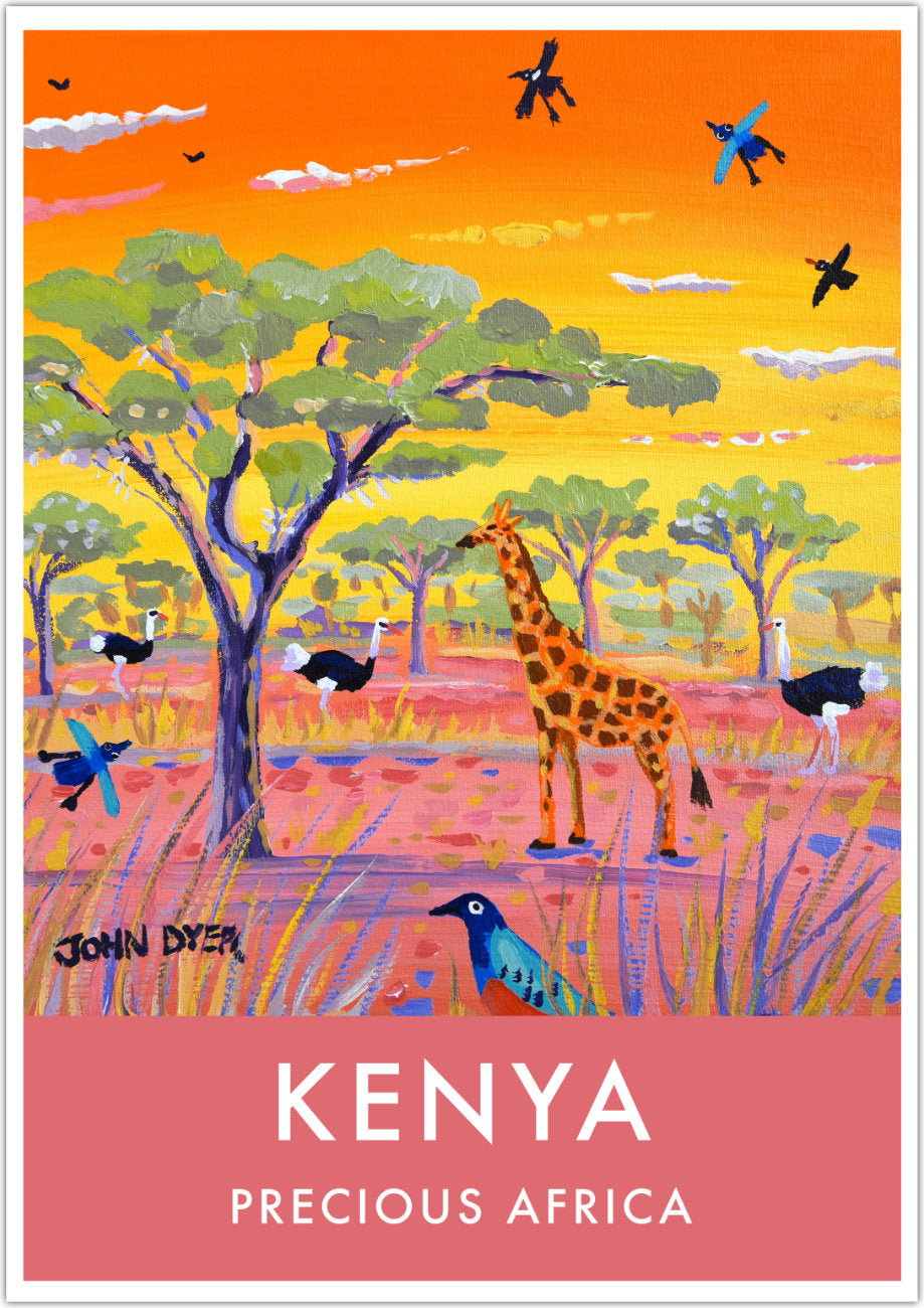 African Art Wall Art Poster Print by John Dyer. Giraffe with Ostrich and Acacia Tree