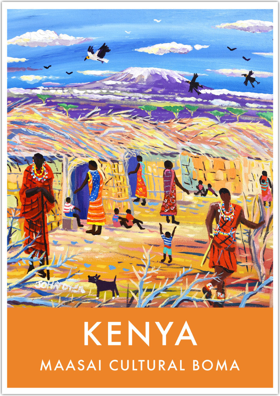 African Art Wall Art Poster Print by John Dyer. Amboseli Maasai Tribal Cultural Boma