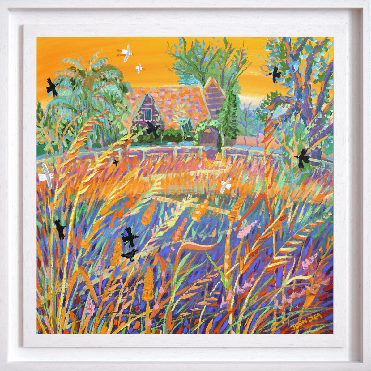 Colorful painting of a house surrounded by nature with birds and flowers. Original Painting by John Dyer. 'Sunset Grasses in the Breeze'. Kim Wilde's garden. 24 x 24 inches acrylic on canvas