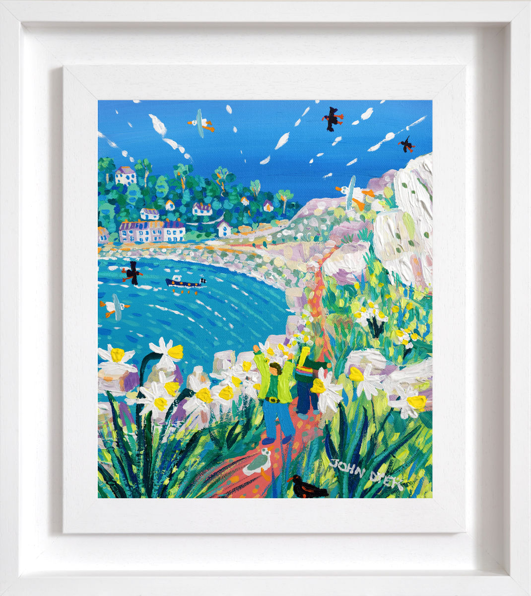Framed artwork of a colorful coastal scene with people, boats, and nature. 'Spring Walk to Lamorna Cove', 12x10 inches acrylic on canvas. Painting of Cornwall by Cornish Artist John Dyer
